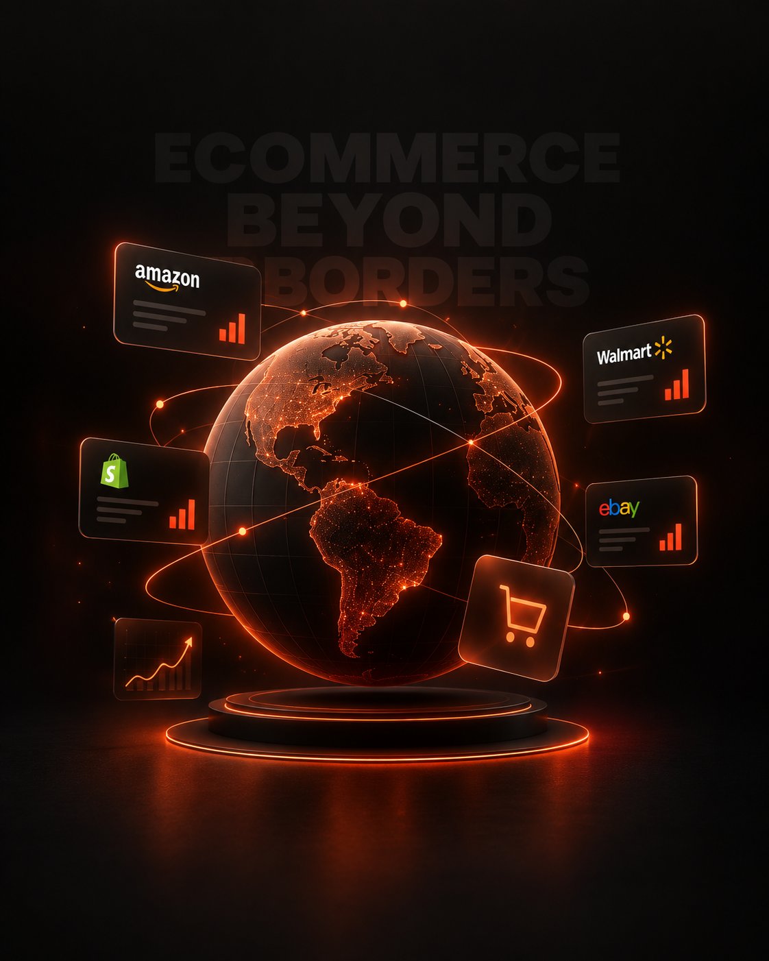 A globe on a lit podium orbited by cards for Amazon, Walmart, Shopify, and eBay, with a growth chart and cart icon, representing multi-marketplace e‑commerce growth
