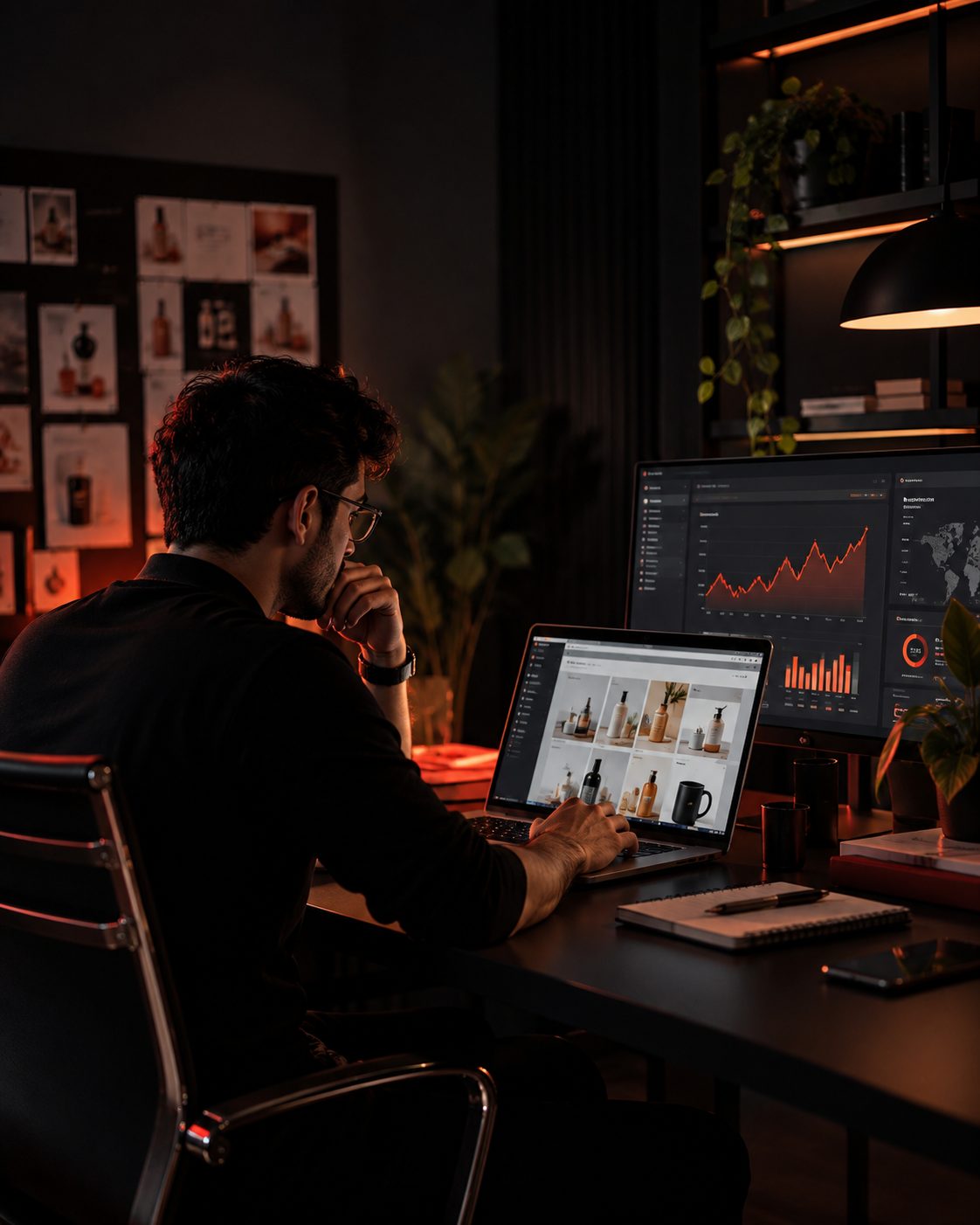 A remote specialist reviewing e‑commerce performance dashboards and product listings at a home office desk