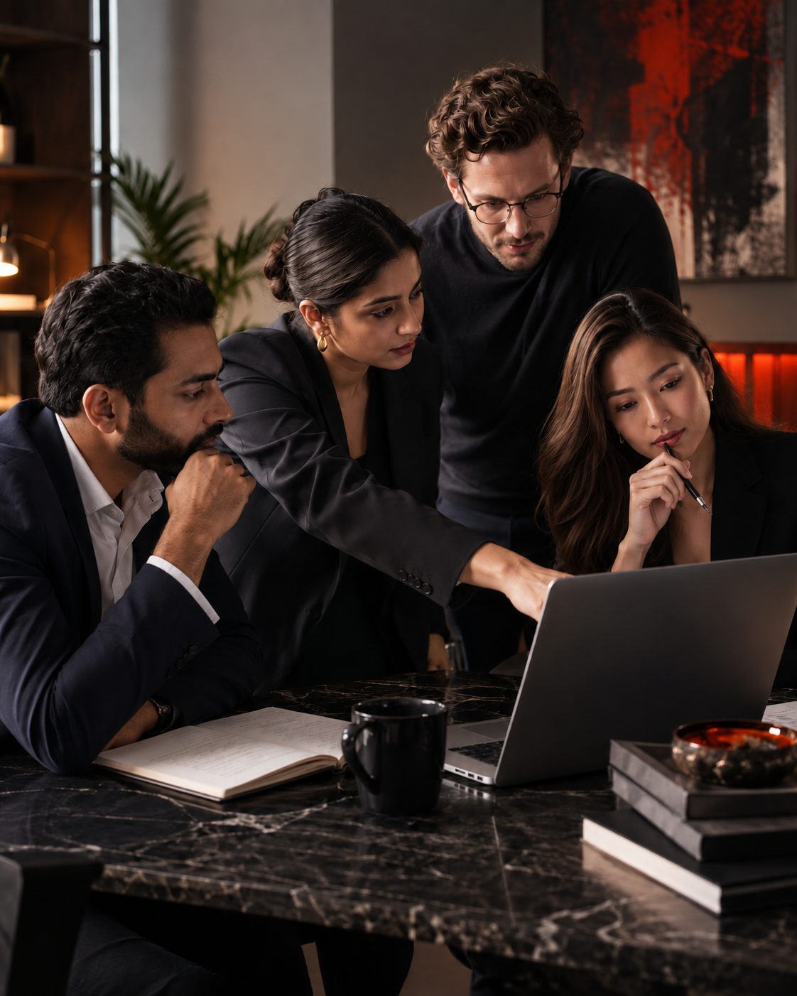 Four Social Surgeons team members gathered around a laptop, reviewing strategy together